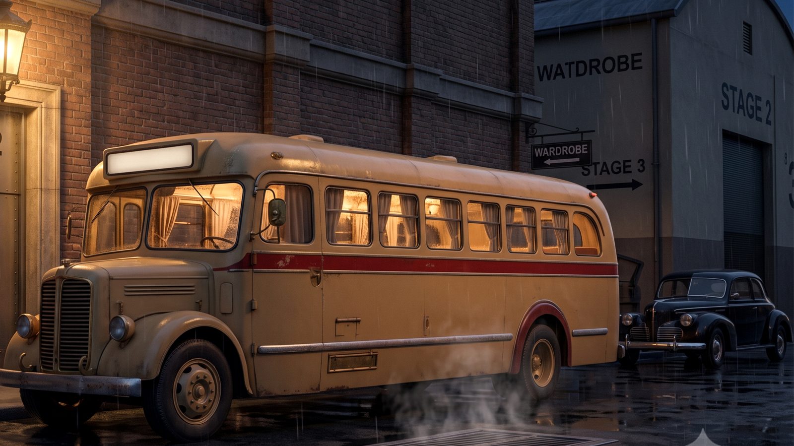 The Struggle Bus outside the stage door in the rain